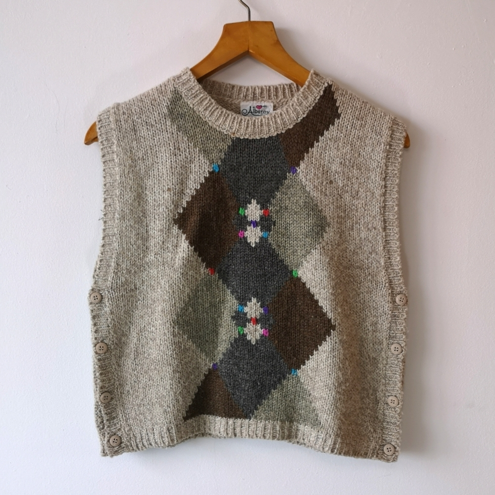 Vintage Argyle Sweater Vest With Side Buttons